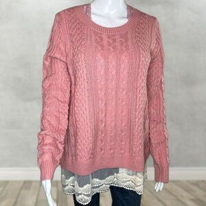 Crochet Lace Ruffle Detail Pink Cable Knit Sweater